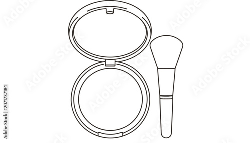 Makeup powder compact and brush line drawing with cosmetics