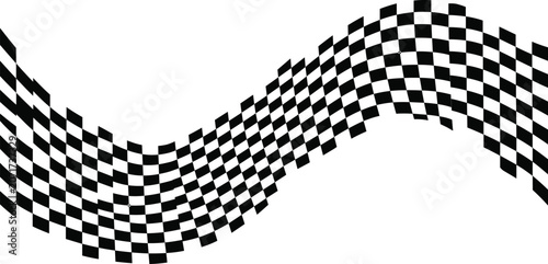 Black and white warped checkerboard optical illusion pattern showing geometric wave, distortion, depth, and abstract design
