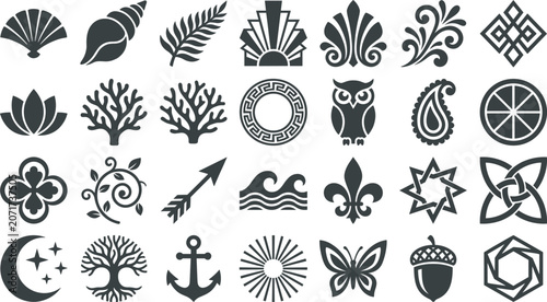 Black silhouette decorative icons vector set, floral geometric nature motifs, symbolic shapes collection, rustic magenta background design art