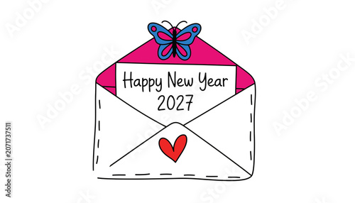 Happy new year 2027 message inside greeting envelope