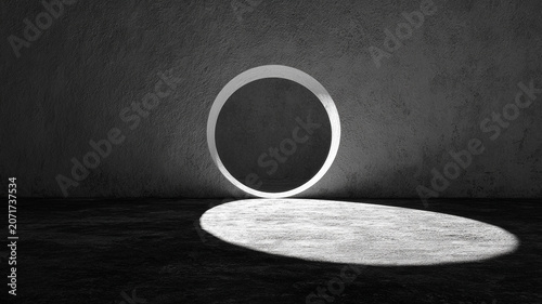 circle shadow resembling portal on flat wall, black and white photography