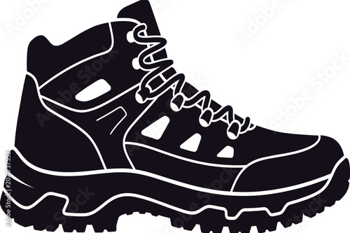 Black silhouette vector illustration of rugged hiking boot with laces, tread sole, and durable outdoor footwear design for adventure
