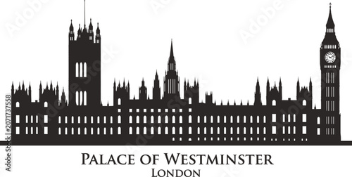 Black silhouette vector illustration of Palace of Westminster with Big Ben tower, iconic London landmark featuring Gothic Revival architecture