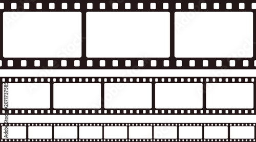 Blank film strip vector illustration with three horizontal formats, perforated frames, photography and cinematography design element for creative projects