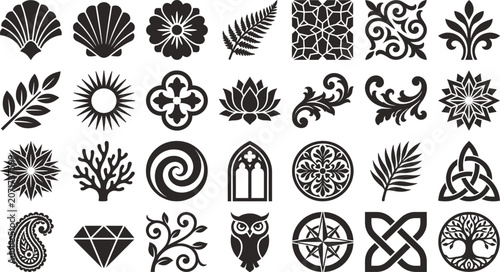 Black vector decorative icons collection, floral geometric nature motifs, cultural symbolic shapes, ornate design set, tattoo and graphic art