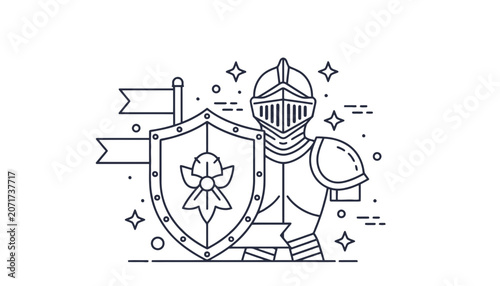 Knight armor shield banner line art icon with medieval