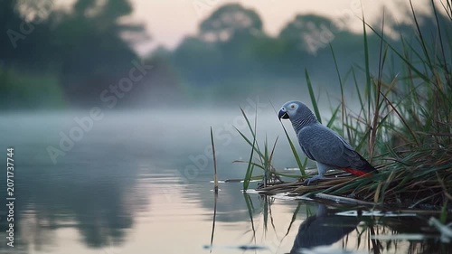 Gray parrot perched on reeds by a misty lake during dawn