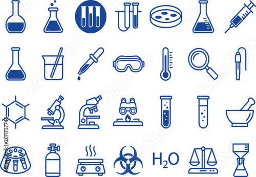 Blue science laboratory icons collection with chemistry equipment, molecular structures, safety symbols, research tools and instruments