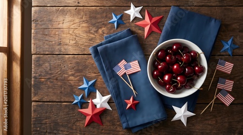Rustic Fourth of July Table Setting with Cherries and Flags