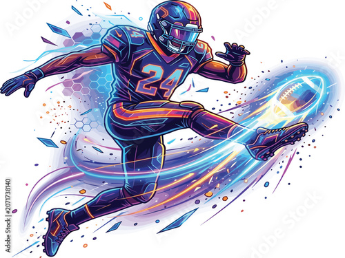 фотографія Dynamic neon american football player kicking a ball, futuristic cyberpunk sport
