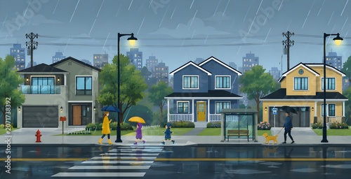 Rainy suburban street scenery