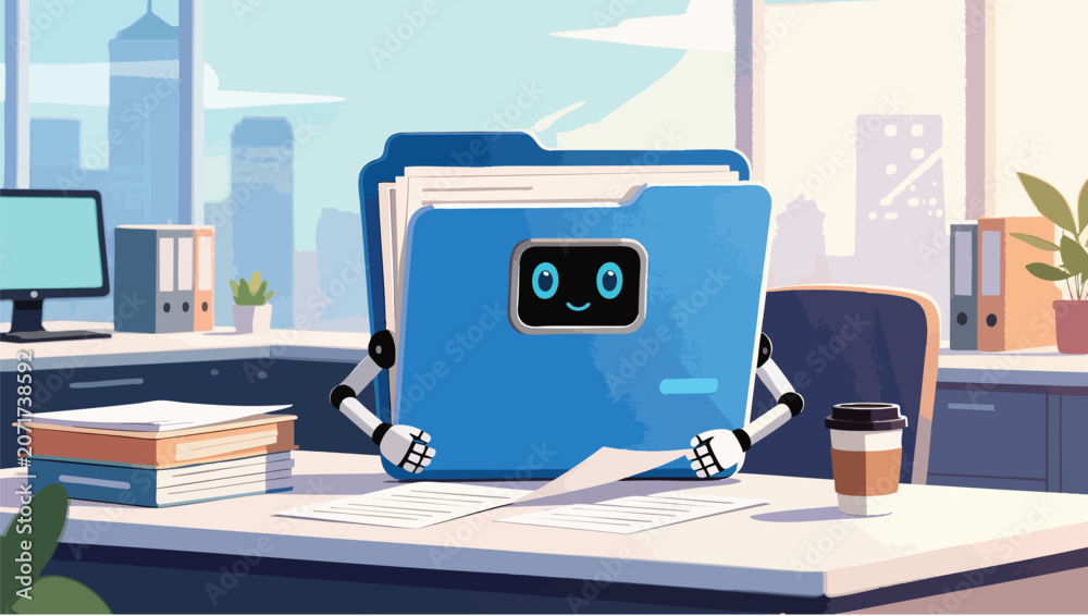 Naklejka premium Anthropomorphic blue file folder robot with a cute face at an office desk.