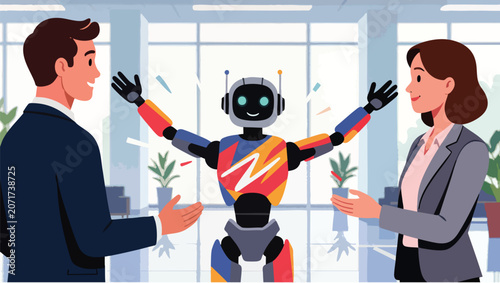 Robot celebrating with business people in office android.