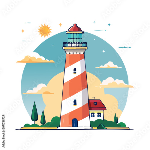 Flat illustration of a red and white lighthouse with house and sun