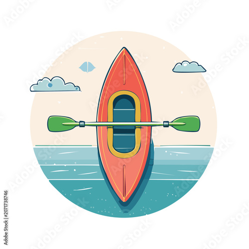 Flat illustration of a red kayak with paddle on water