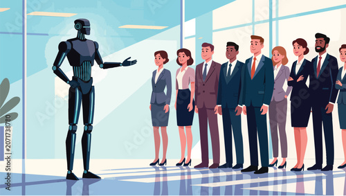 Tall, slender robot addressing a line of diverse business professionals in an office.