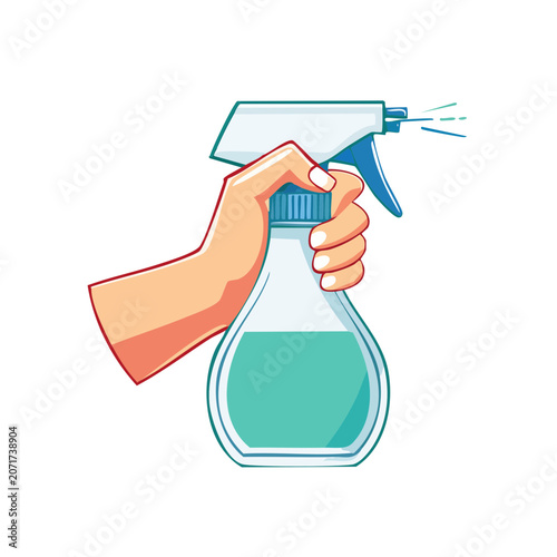 Hand holding spray bottle with cleaning liquid