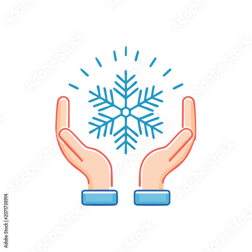 Hands holding a snowflake, flat vector illustration