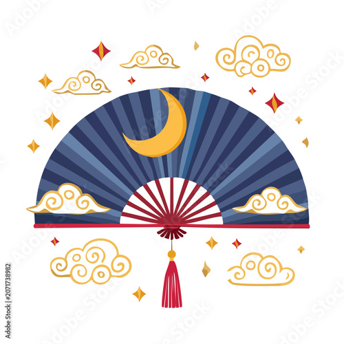 Oriental Fan with Moon and Clouds Vector Illustration