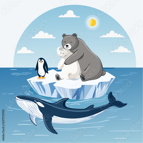Polar bears hugging on melting iceberg with penguin and whale