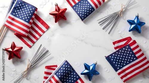 Patriotic Flat Lay with American Flags and Sparklers on Marble