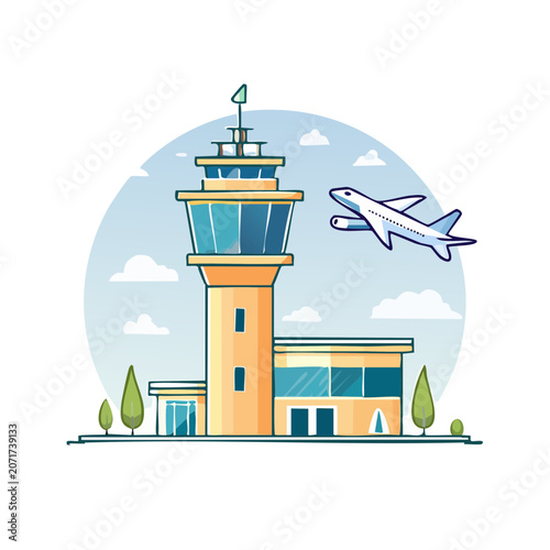 Air Traffic Control Tower and Airplane Illustration