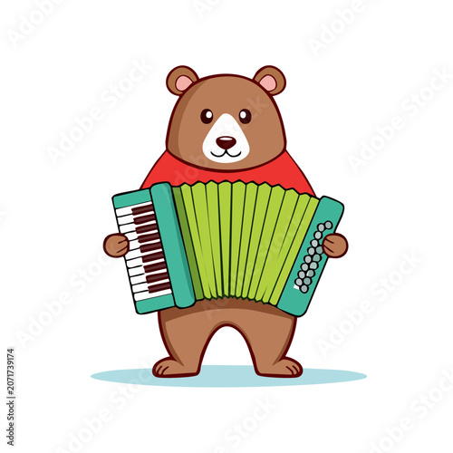 Cartoon brown bear playing green accordion