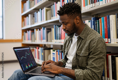 African American student analyzing market trends in university library