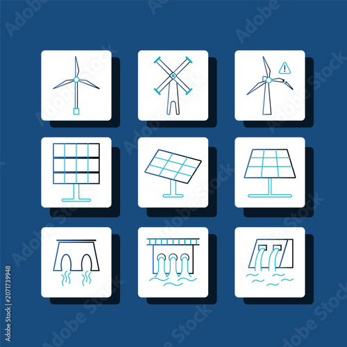 Nine white square icons on blue background represent renewable energy sources