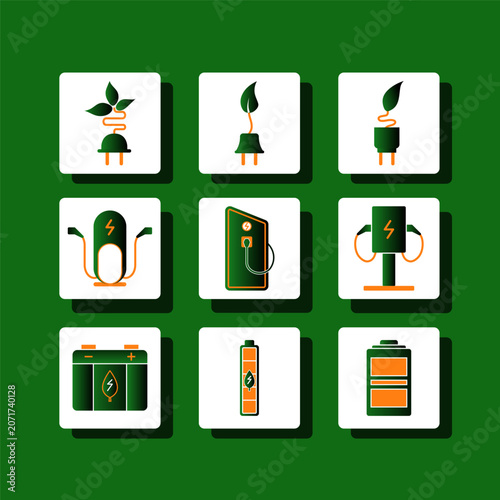 Nine energy-themed icons on a green background