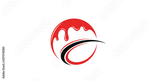 Red Circle Design With Artistic Drips and Curved Lines Emblem on White Background