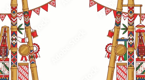 Festive Indonesian Bamboo Poles and Flags Frame Background
