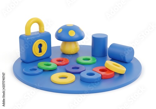 Colorful wooden toy set with shapes and lock