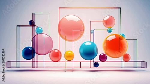 Digital technology floating geometrical elements colorful transparent glass background