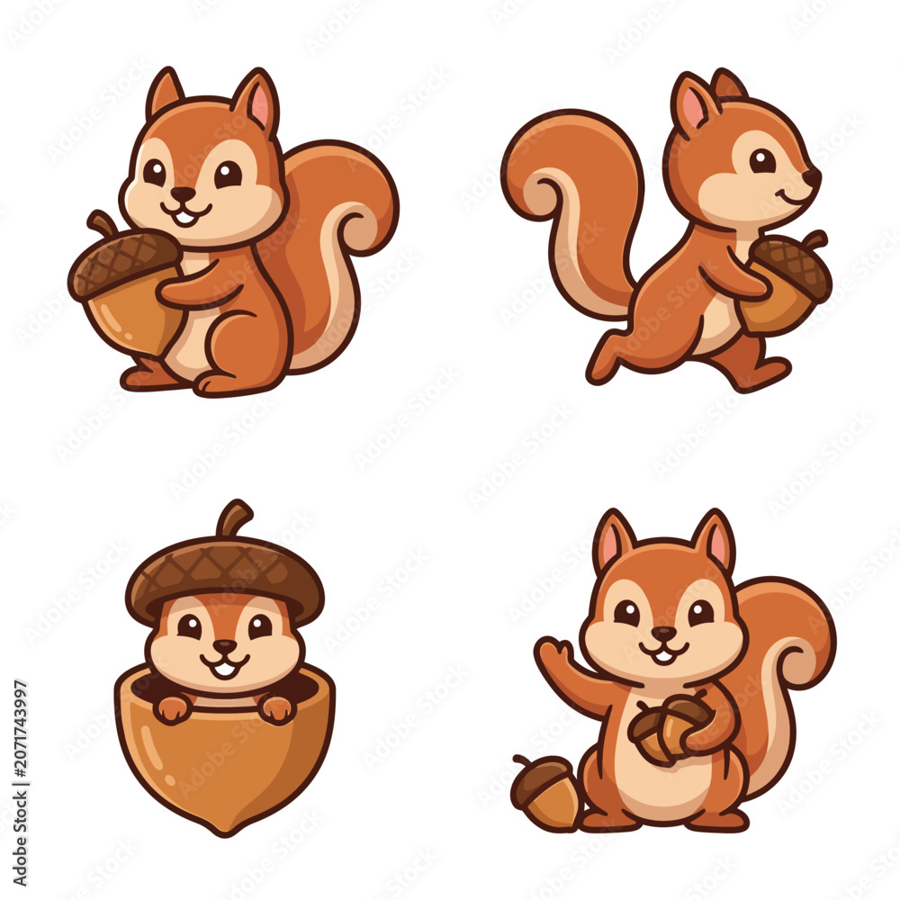 Fototapeta premium Cartoon Squirrel Holding Acorn Closeup.