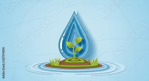 Water drop nurturing a small plant growing on a small island with ripples