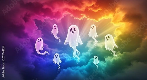 Whimsical ghostly figures floating amidst colorful clouds and ethereal light