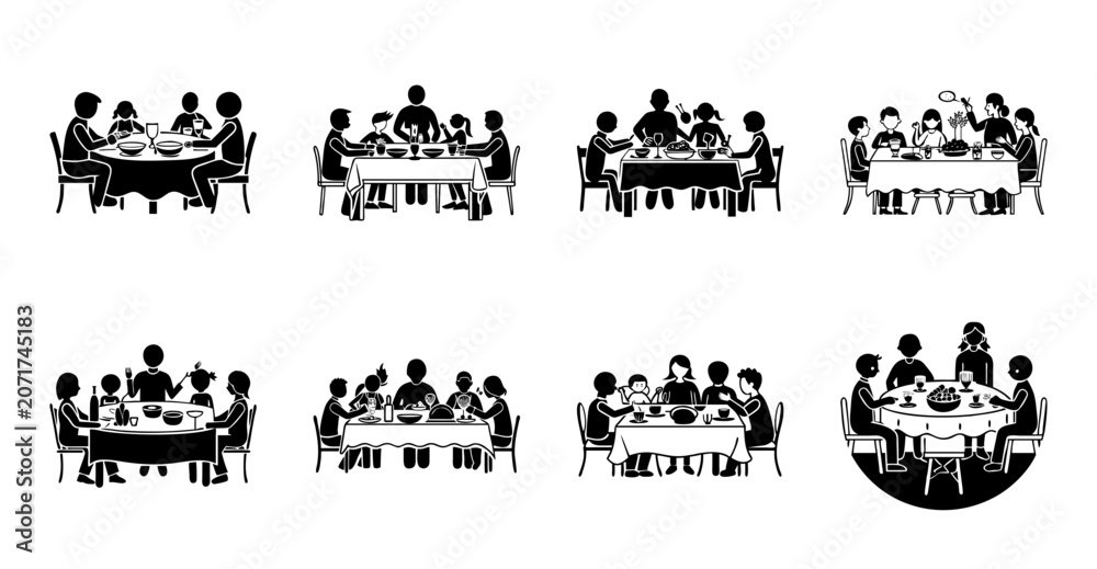 Fototapeta premium People sitting and standing in casual meeting groups - Illustrated vector icons of diverse groups of people engaged in casual meetings, discussions, and teamwork in a minimalist style.