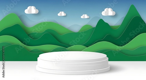 White pedestal platform in scenic green mountain landscape with clouds