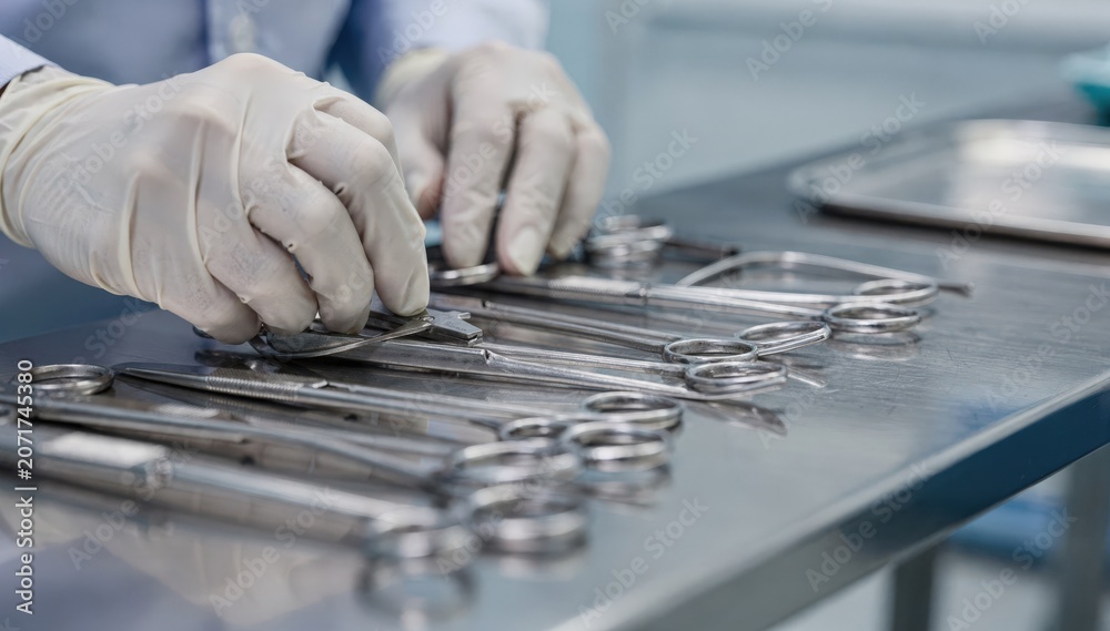 Fototapeta premium Closeup of staff carefully inspecting medical tools on a stainless steel bench focused on precision while the surrounding environment remains out of focus.