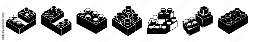 Fototapeta premium Lego block assorted icons set in flat style - A collection of simple, flat-style Lego brick icons in black and gray tones, perfect for digital design projects or educational content.