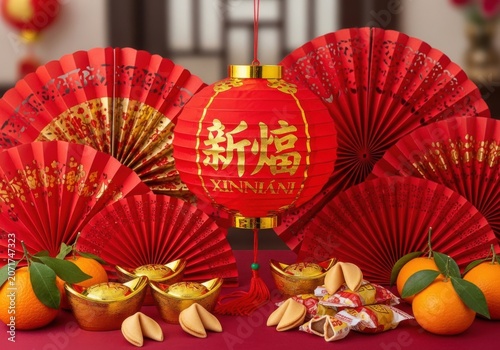 Chinese new year festive decorations with red paper fans, lantern, gold ingots, fortune cookies and oranges
