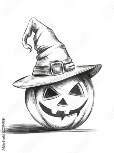 Drawing of a Halloween pumpkin character in a sketching hatching style, on a transparent background.