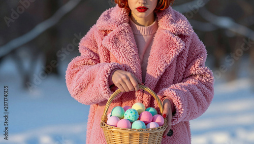 Woman in pink coat holds basket of colorful Easter eggs.