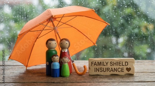 Family shield insurance concept with wooden peg dolls under an orange umbrella on a rainy day
