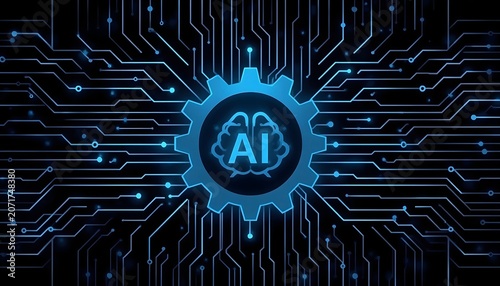 Glowing artificial intelligence brain icon inside a mechanical gear surrounded by intricate blue circuit board patterns on a dark background representing advanced digital technology and futuristic mac