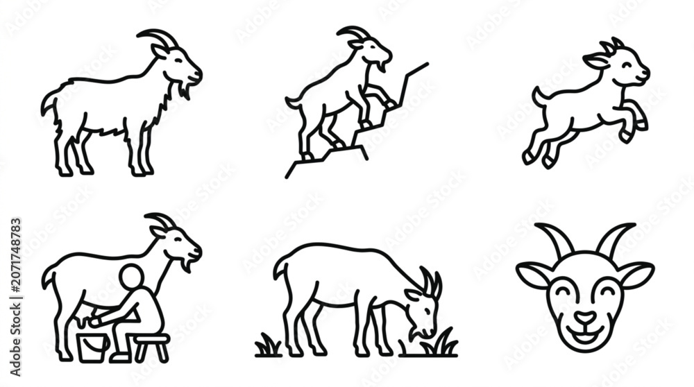 Fototapeta premium Goat line icons set livestock farm animal kid and horn ram symbols vector illustration