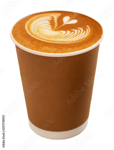 Coffee. Brown paper coffee cup featuring intricate latte art on surface of beverage, with white base, emphasizing drink's visual appeal. Isolated