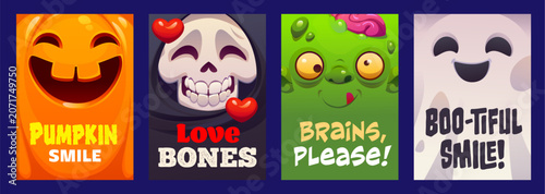 Bild auf Leinwand Halloween cartoon scary face vector posters of smiling pumpkin, happy skull surrounded by hearts, green zombie with exposed brain