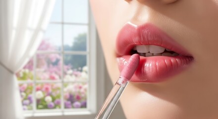 Woman applying glossy pink lip gloss for makeup beauty and fashion